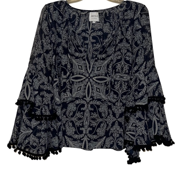 MISA Los Angeles Maya Bell Sleeve Peasant Top Blue/White Sz M - Picture 2 of 14